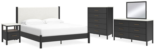 Cadmori King Upholstered Panel Bed, Dresser, Mirror, Chest and Nightstand