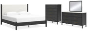 Cadmori King Upholstered Panel Bed, Dresser, Mirror and Chest
