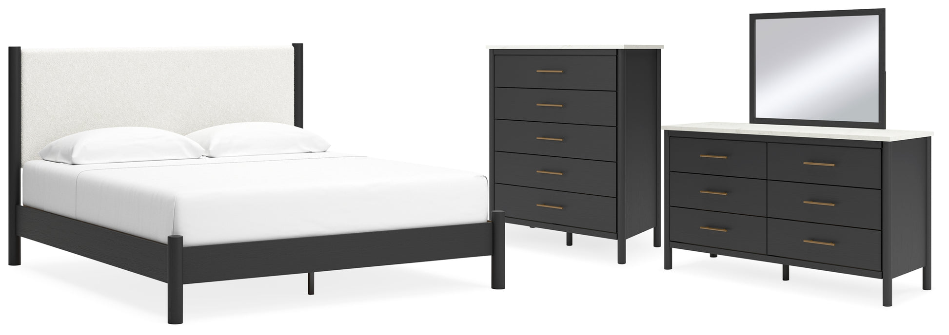 Cadmori King Upholstered Panel Bed, Dresser, Mirror and Chest