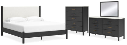 Cadmori King Upholstered Panel Bed, Dresser, Mirror and Chest