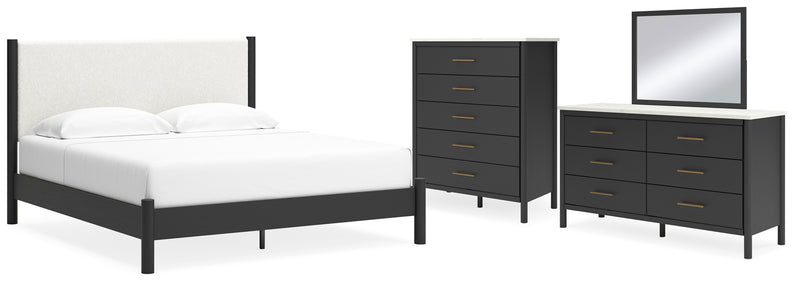 Cadmori King Upholstered Panel Bed, Dresser, Mirror and Chest