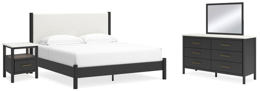 Cadmori King Upholstered Panel Bed, Dresser, Mirror and Nightstand