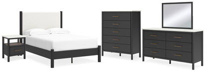 Cadmori Full Upholstered Panel Bed, Dresser, Mirror, Chest and Nightstand