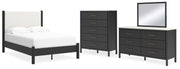 Cadmori Full Upholstered Panel Bed, Dresser, Mirror and Chest