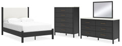Cadmori Full Upholstered Panel Bed, Dresser, Mirror and Chest
