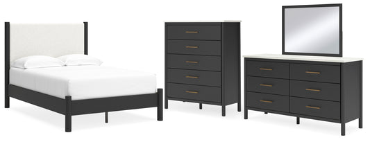 Cadmori Full Upholstered Panel Bed, Dresser, Mirror and Chest