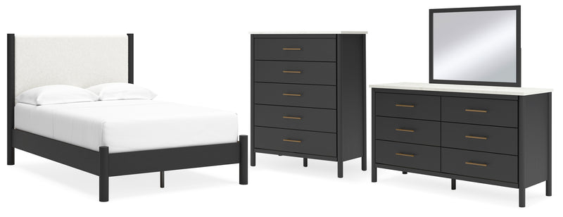 Cadmori Full Upholstered Panel Bed, Dresser, Mirror and Chest
