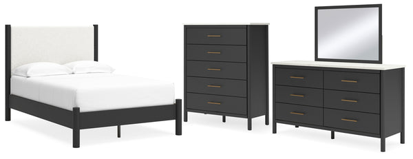 Cadmori Full Upholstered Panel Bed, Dresser, Mirror and Chest