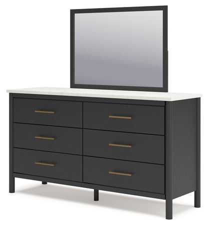 Cadmori King Upholstered Panel Bed, Dresser, Mirror and Chest
