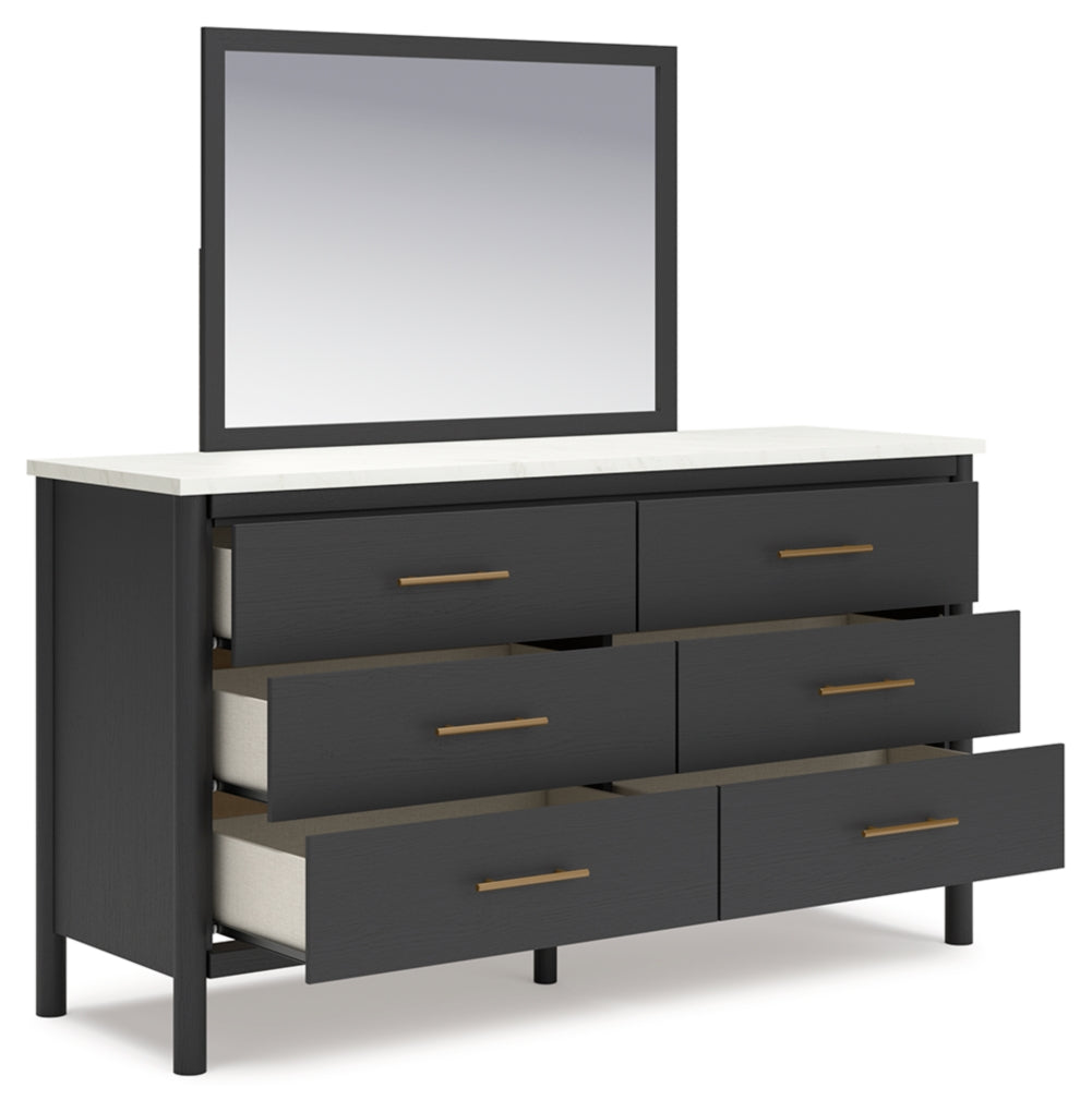 Cadmori King Upholstered Panel Bed, Dresser, Mirror and Nightstand