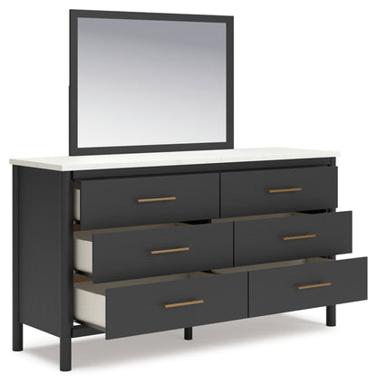 Cadmori King Upholstered Panel Bed, Dresser, Mirror and Chest
