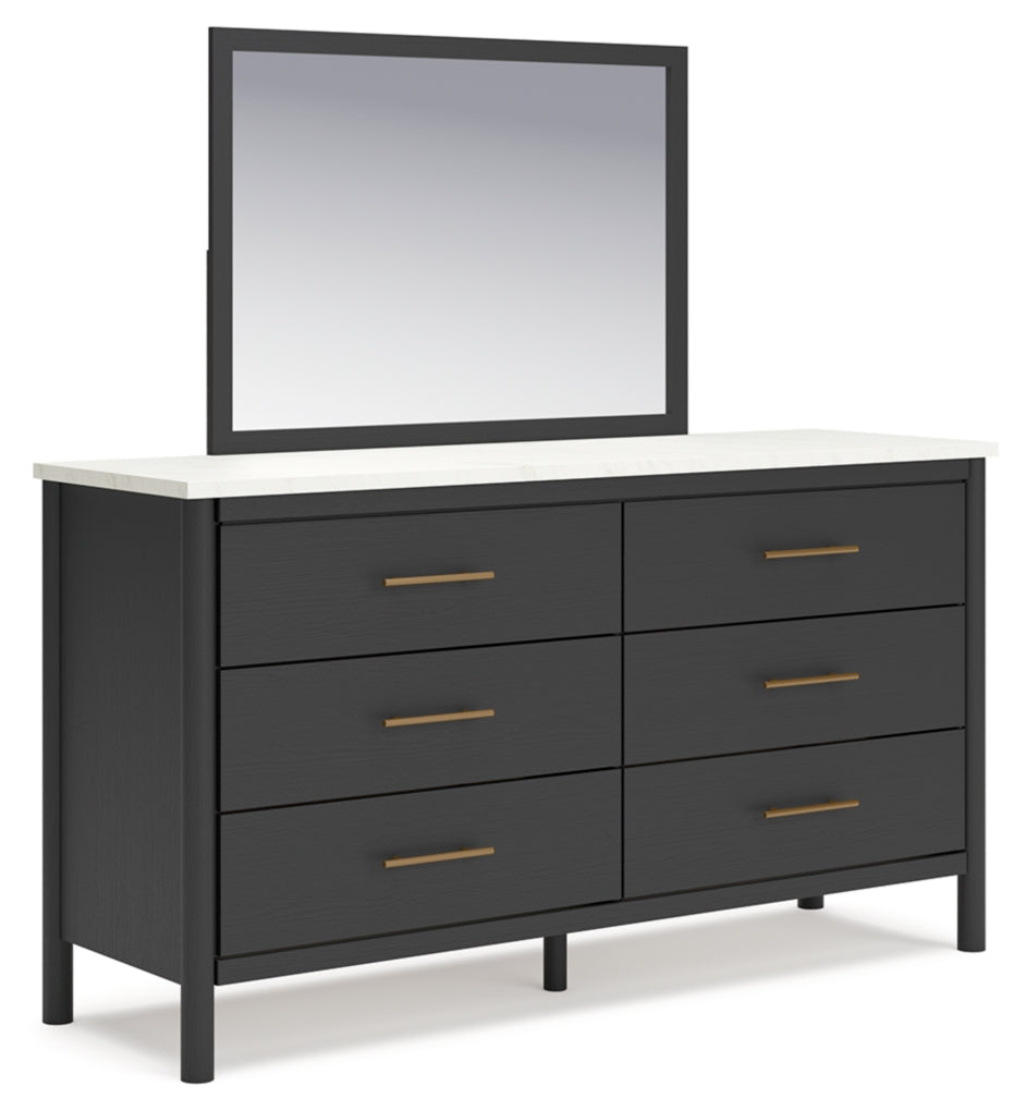 Cadmori King Upholstered Panel Bed, Dresser, Mirror and Chest