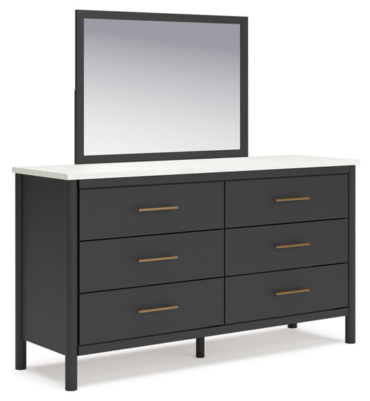 Cadmori Queen Upholstered Panel Bed, Dresser, Mirror and Chest
