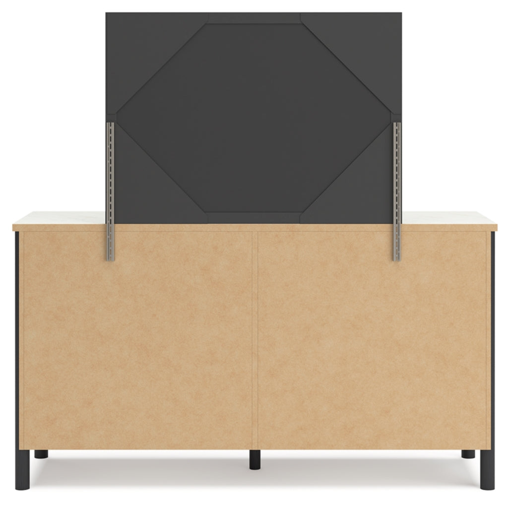 Cadmori King Upholstered Panel Bed, Dresser, Mirror and Chest