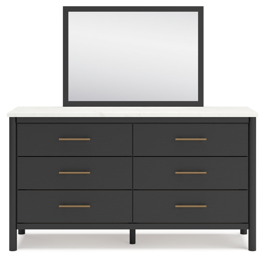 Cadmori King Upholstered Panel Bed, Dresser, Mirror and Chest