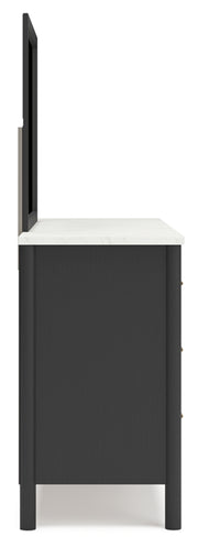 Cadmori King Upholstered Panel Bed, Dresser, Mirror and Chest