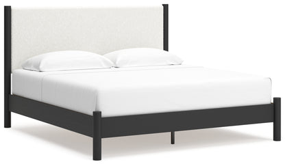 Cadmori King Upholstered Panel Bed, Dresser, Mirror and Nightstand