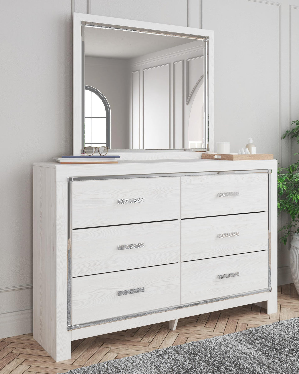 Altyra Queen Upholstered Bookcase Bed with Storage, Dresser, Mirror and Nightstand