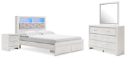Altyra Queen Upholstered Bookcase Bed with Storage, Dresser, Mirror and Nightstand
