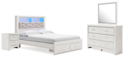 Altyra Queen Upholstered Bookcase Bed with Storage, Dresser, Mirror and Nightstand