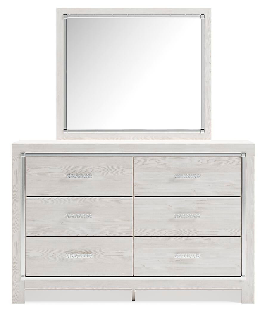 Altyra Queen Upholstered Bookcase Bed with Storage, Dresser, Mirror and Nightstand
