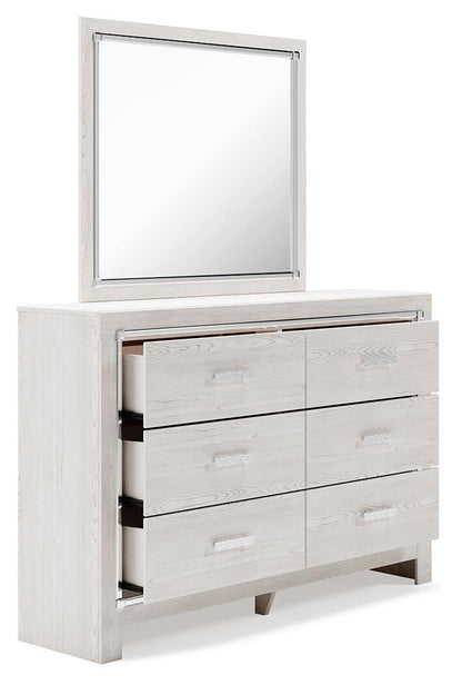 Altyra Queen Upholstered Bookcase Bed with Storage, Dresser, Mirror and Nightstand