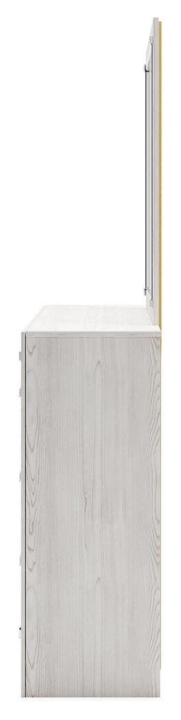 Altyra Queen Upholstered Bookcase Bed with Storage, Dresser, Mirror and Nightstand