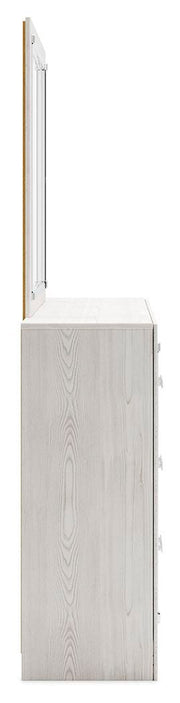 Altyra Queen Upholstered Bookcase Bed with Storage, Dresser, Mirror and Nightstand