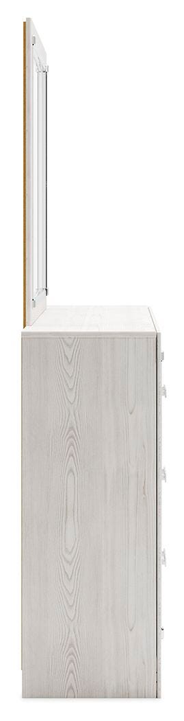 Altyra Queen Upholstered Bookcase Bed with Storage, Dresser, Mirror and Nightstand
