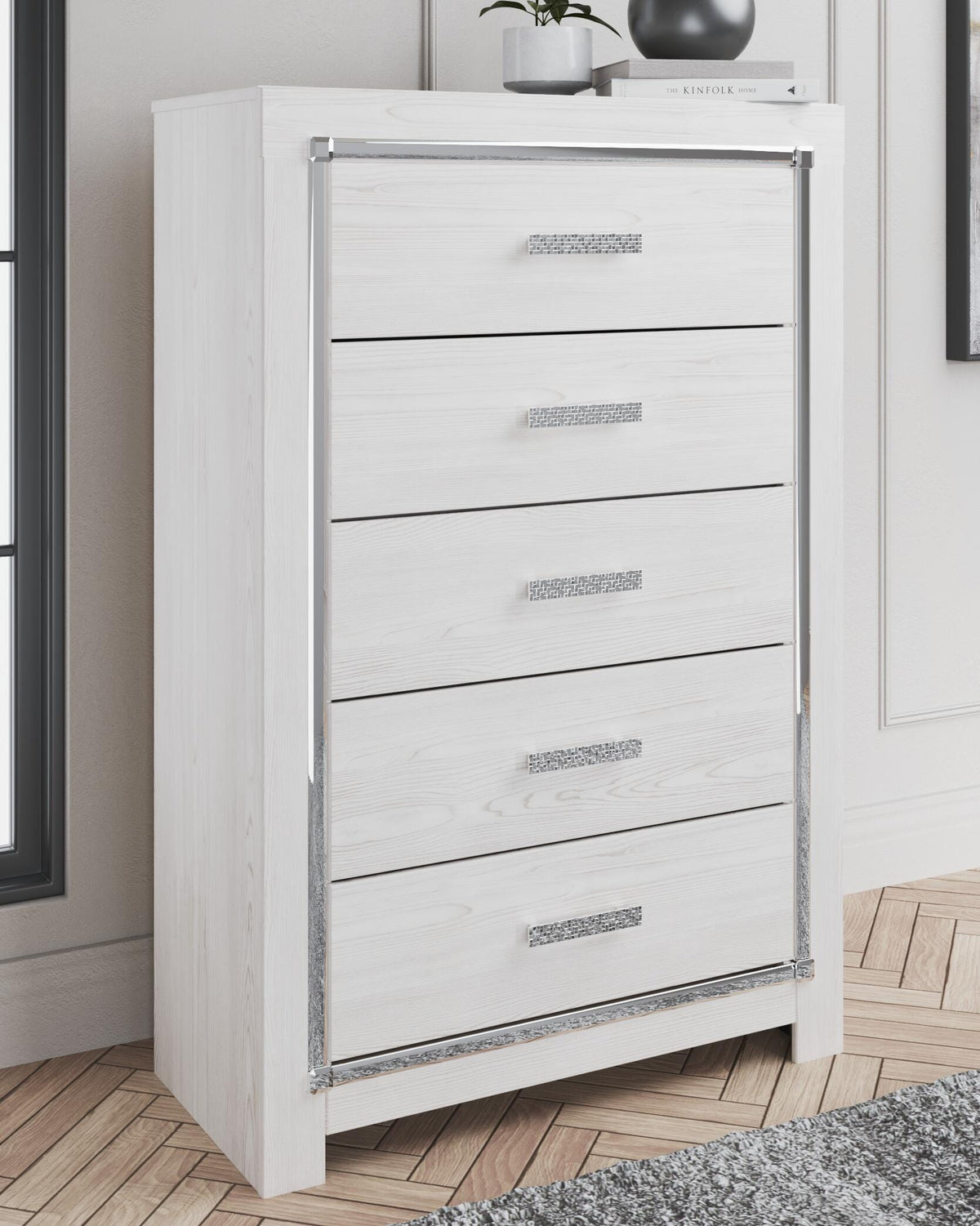 Altyra Queen Panel Bookcase Bed with Mirrored Dresser and Chest