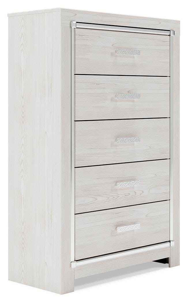 Altyra Queen Panel Bookcase Bed with Mirrored Dresser and Chest
