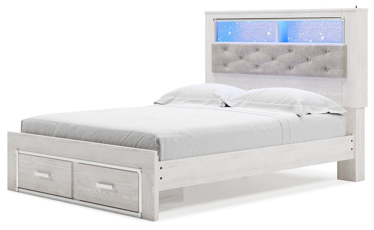 Altyra Queen Upholstered Bookcase Bed with Storage, Dresser, Mirror and Nightstand