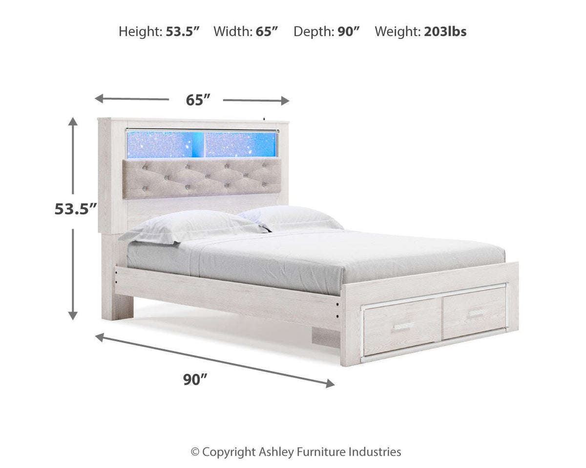 Altyra Queen Upholstered Bookcase Bed with Storage, Dresser, Mirror and Nightstand