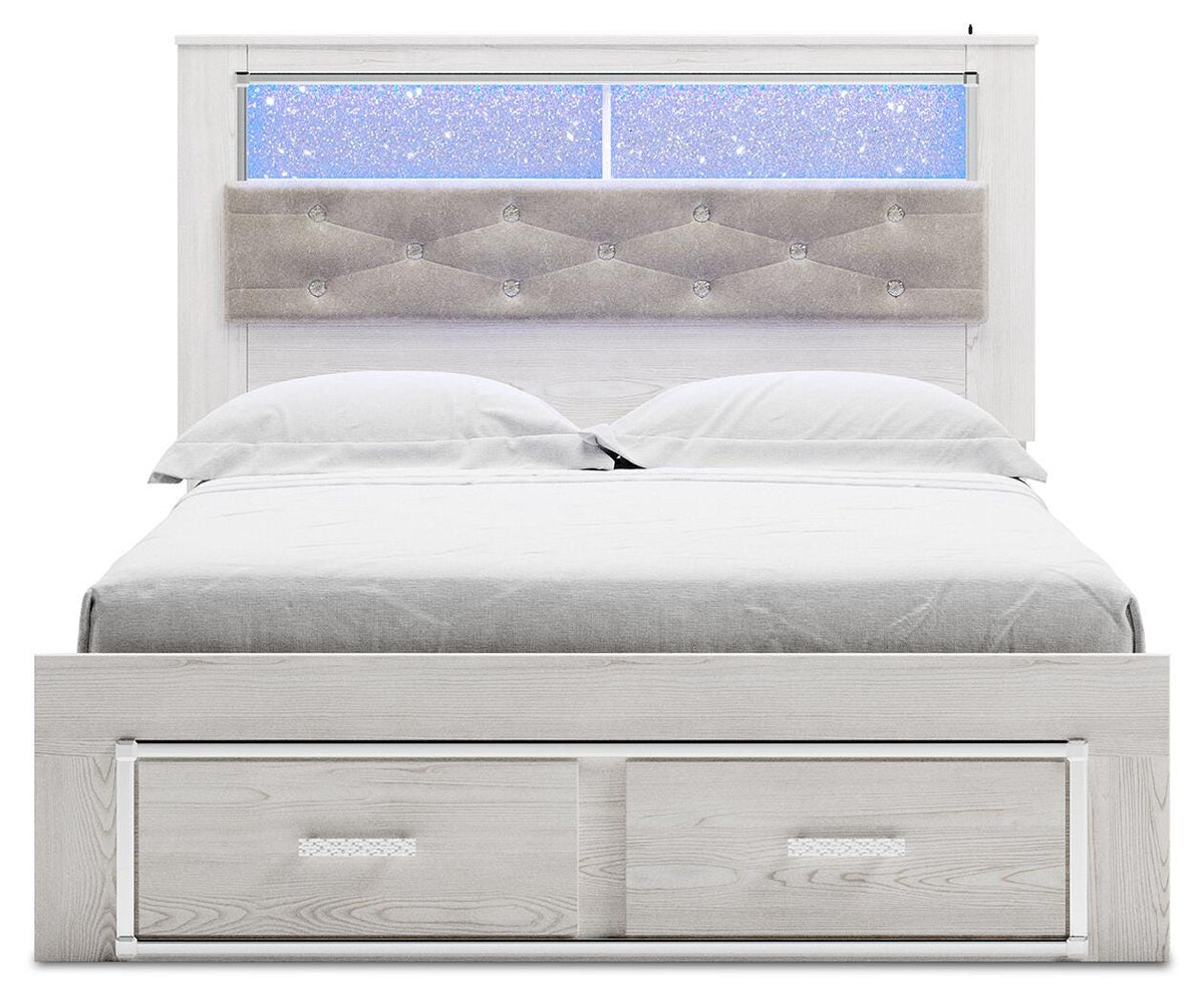 Altyra Queen Upholstered Bookcase Bed with Storage, Dresser, Mirror and Nightstand