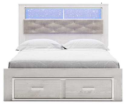 Altyra Queen Upholstered Bookcase Bed with Storage, Dresser, Mirror and Nightstand
