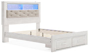 Altyra Queen Upholstered Bookcase Bed with Storage, Dresser, Mirror and Nightstand