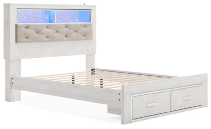 Altyra Queen Upholstered Bookcase Bed with Storage, Dresser, Mirror and Nightstand