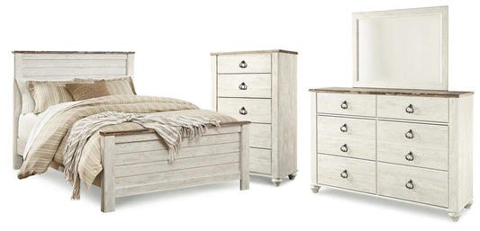 Willowton Queen Panel Bed with Mirrored Dresser and Chest