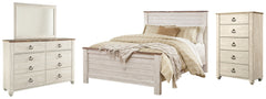 Willowton Queen Panel Bed with Mirrored Dresser and Chest