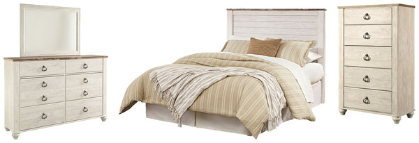 Willowton Queen/Full Panel Headboard Bed with Mirrored Dresser and Chest