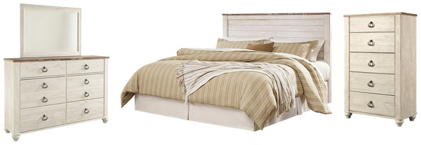 Willowton King/California King Panel Headboard Bed with Mirrored Dresser and Chest