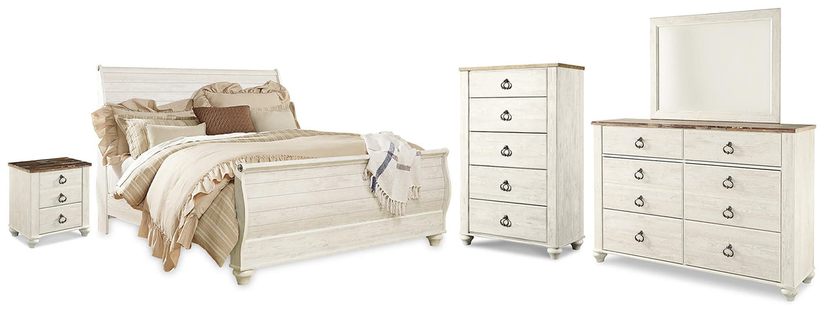 Willowton King Sleigh Bed with Mirrored Dresser, Chest and Nightstand