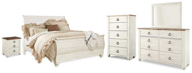 Willowton King Sleigh Bed with Mirrored Dresser, Chest and Nightstand