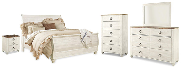 Willowton King Sleigh Bed with Mirrored Dresser, Chest and Nightstand