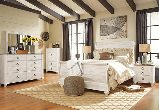 Willowton Queen Sleigh Bed with Mirrored Dresser, Chest and Nightstand