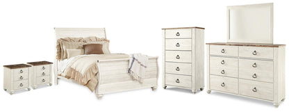 Willowton Queen Sleigh Bed, Dresser, Mirror, Chest and 2 Nightstands