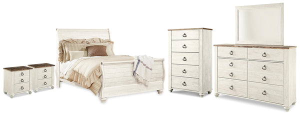 Willowton Queen Sleigh Bed, Dresser, Mirror, Chest and 2 Nightstands