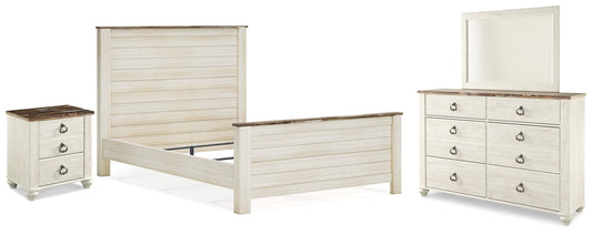 Willowton Queen Panel Bed with Mirrored Dresser and Nightstand