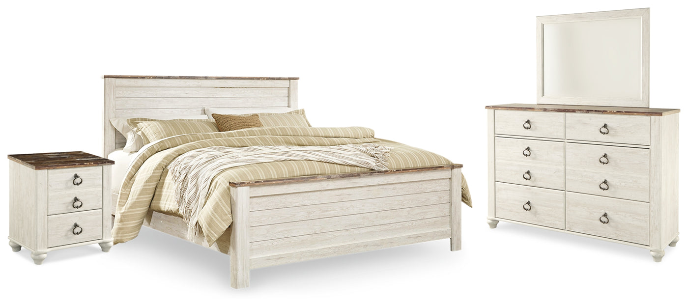Willowton King Panel Bed with Mirrored Dresser and Nightstand