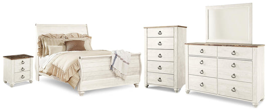Willowton Queen Sleigh Bed with Mirrored Dresser, Chest and Nightstand